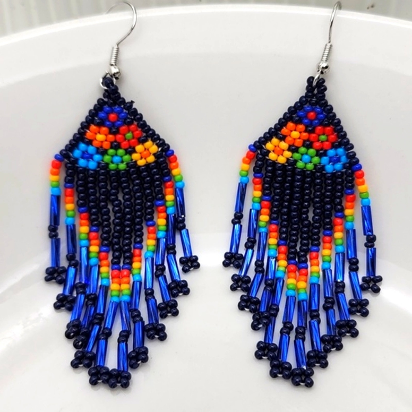 Retro Blue Floral Beaded Dangle Earrings 18$
